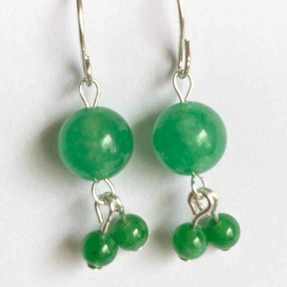Green Jade Stone Earrings Silver Plated Dangle Round Bead Malaysian Light 2-6mm - Picture 4 of 9